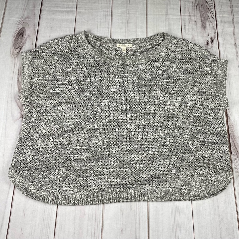 Eileen Fisher Crochet Open Knit Top Women’s M Petite Cap Short Sleeve Cotton EUC - Picture 4 of 13